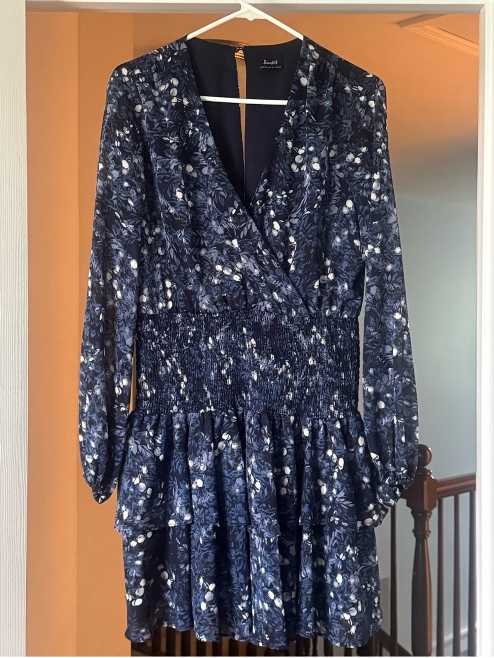 Bardot Floral Smocked Waist Long Sleeve Mini Dress Size 10